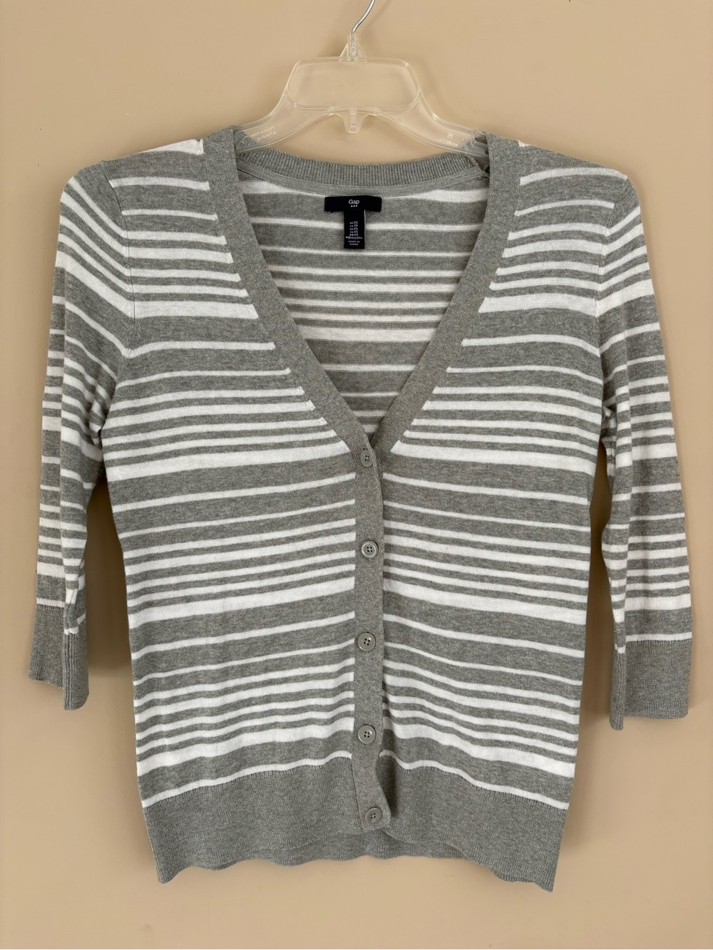 GAP Gray and White Striped V-Neck Button Cardigan